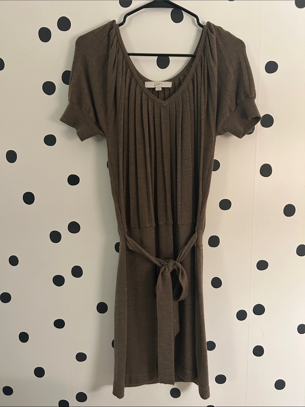 LOFT Brown Pleated Knit Belted Midi Dress